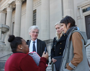 Outside court building, McDonogh #35 student interview's Robert McDuff (l to r), Kristin Wenstrom, and Emily Maw. Attorneys from ipno ( Innocence Project New Orleans ) representing the Defense.